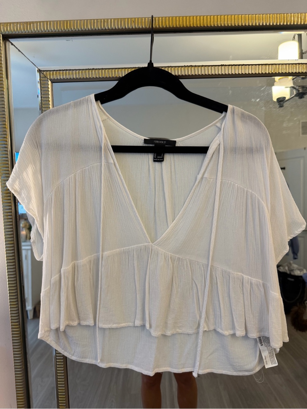 Forever 21 White V-Neck Tie-Front Ruffle Peasant Top